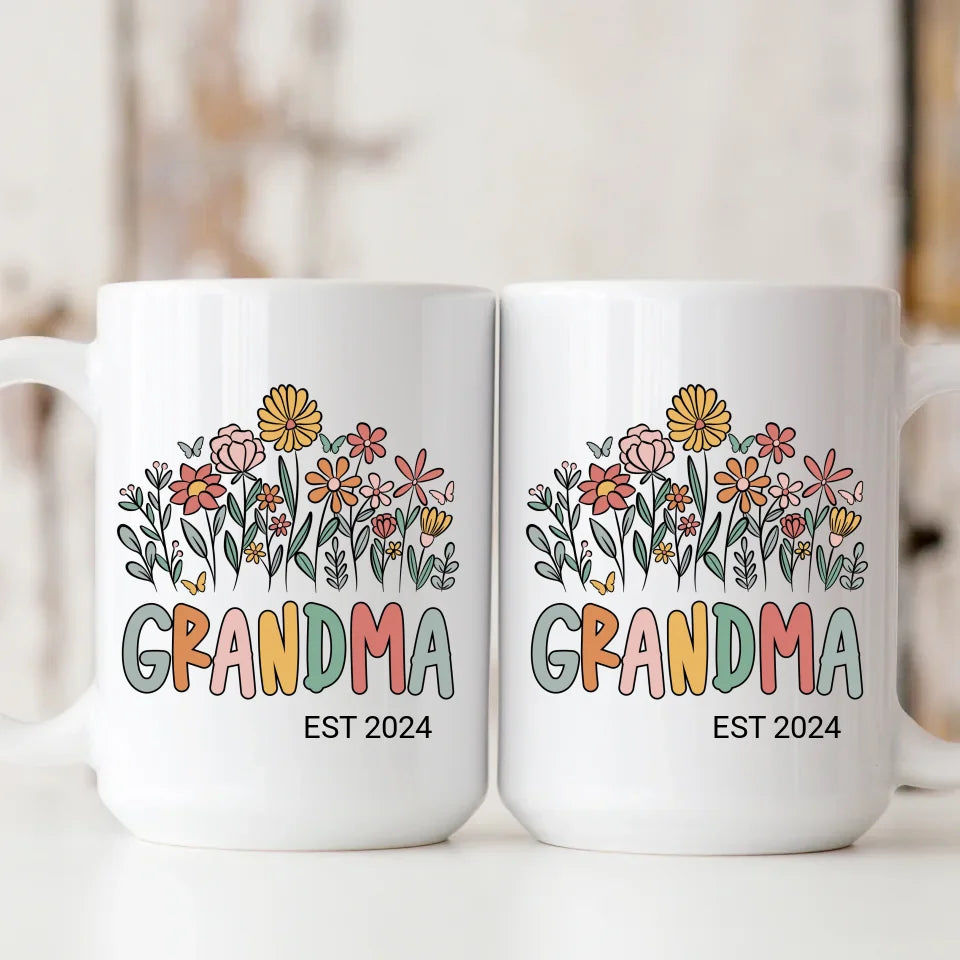 Close-up of custom names on the Floral Grandma Love personalized mug