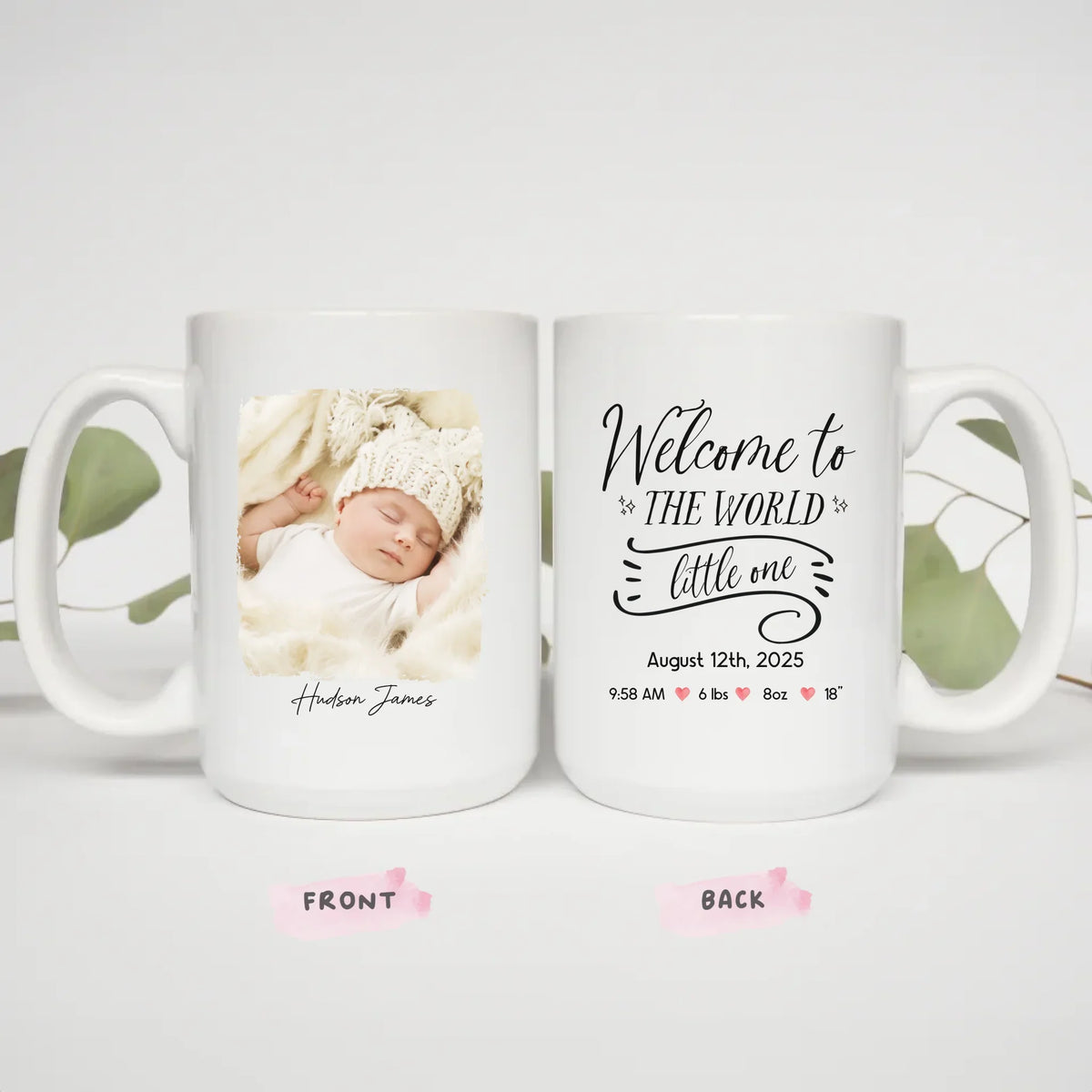 Welcome to the world personalized mug with custom baby name and birth details