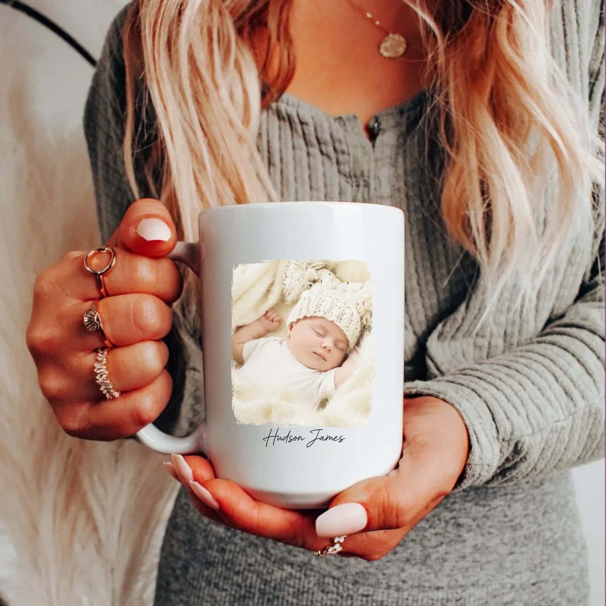 Personalized new baby mug with welcome message and custom birth information