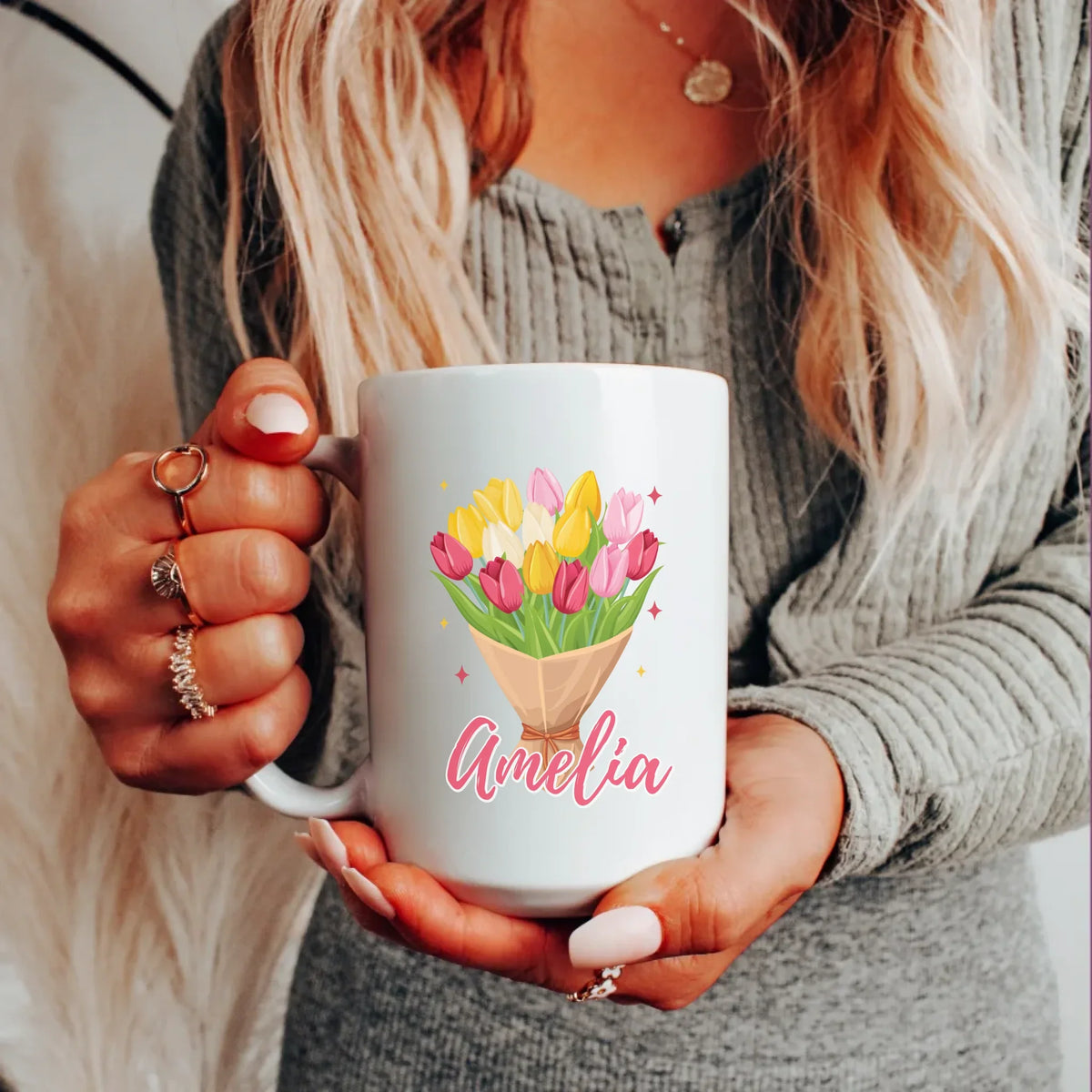 Personalized mug handle detail, custom birth flower print for mom gift
