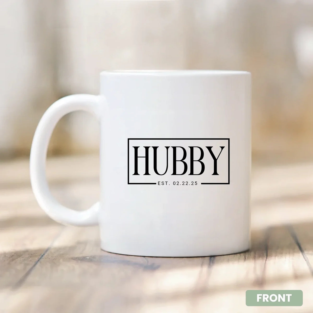 Hubby Mug custom established date gift for newlywed groom side angle view