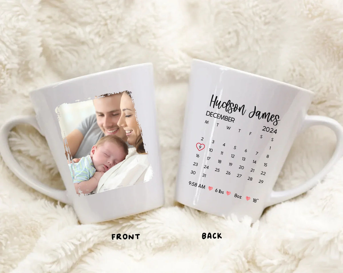 Custom newborn milestone mug with calendar layout and personalized baby name