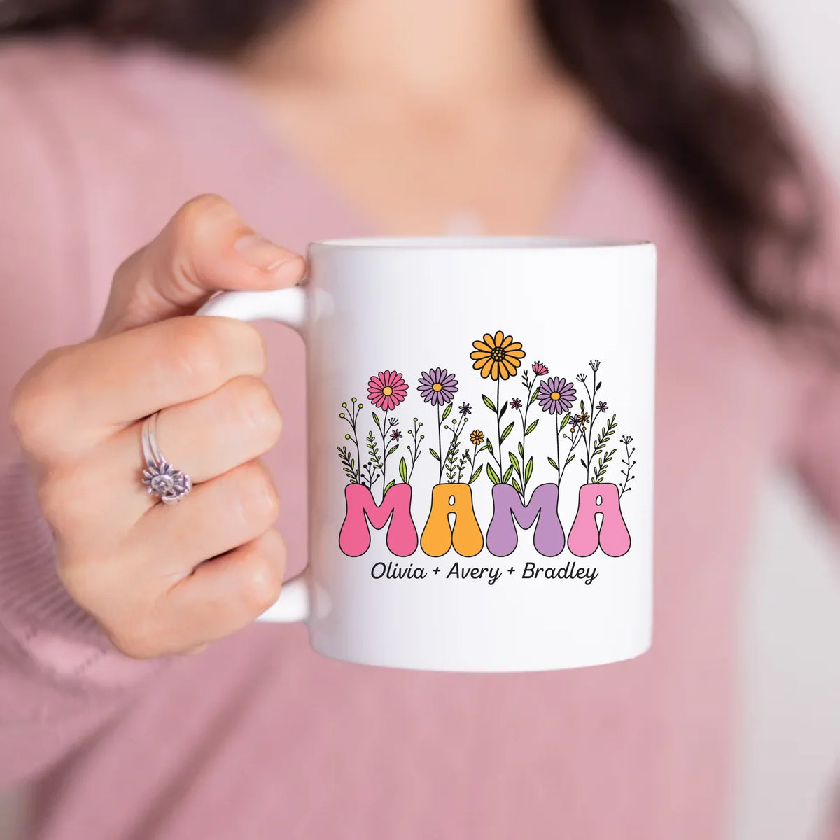 Mama Wildflower Mug custom kids' names gift for moms side angle view