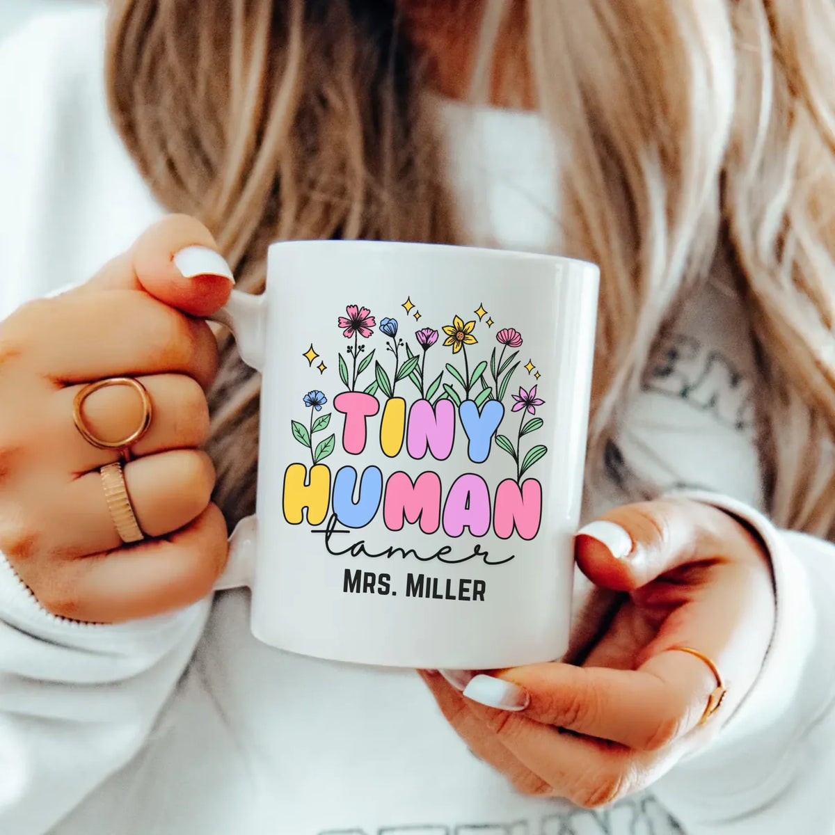 Shaping Young Minds personalized mug with teacher's name, front view - teacher appreciation gift