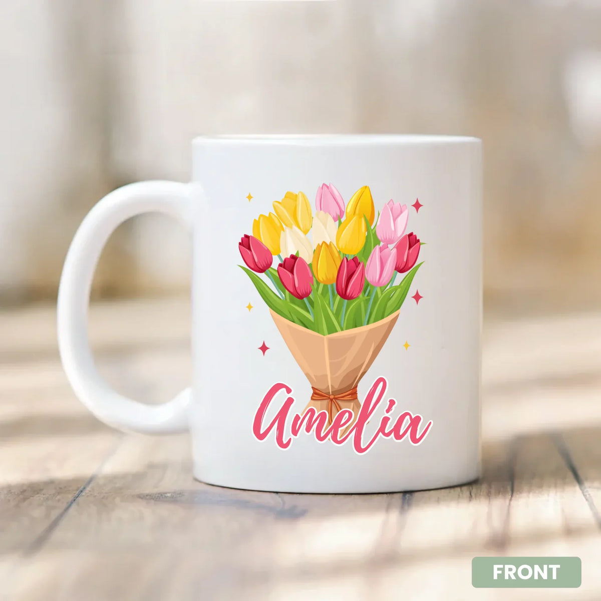 Close-up of custom floral design on Bloom By Birth mug, personalized mom gift