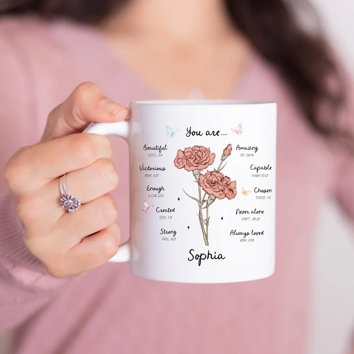 Chosen and Loved Mug close-up - personalized with name and faith verse