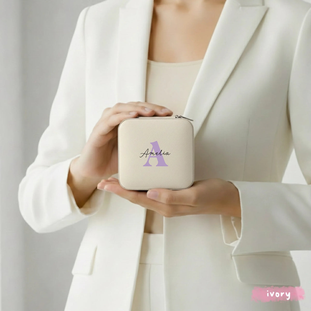 Signature Initial personalized jewelry box in Ivory - closed lid view - bridesmaid gift