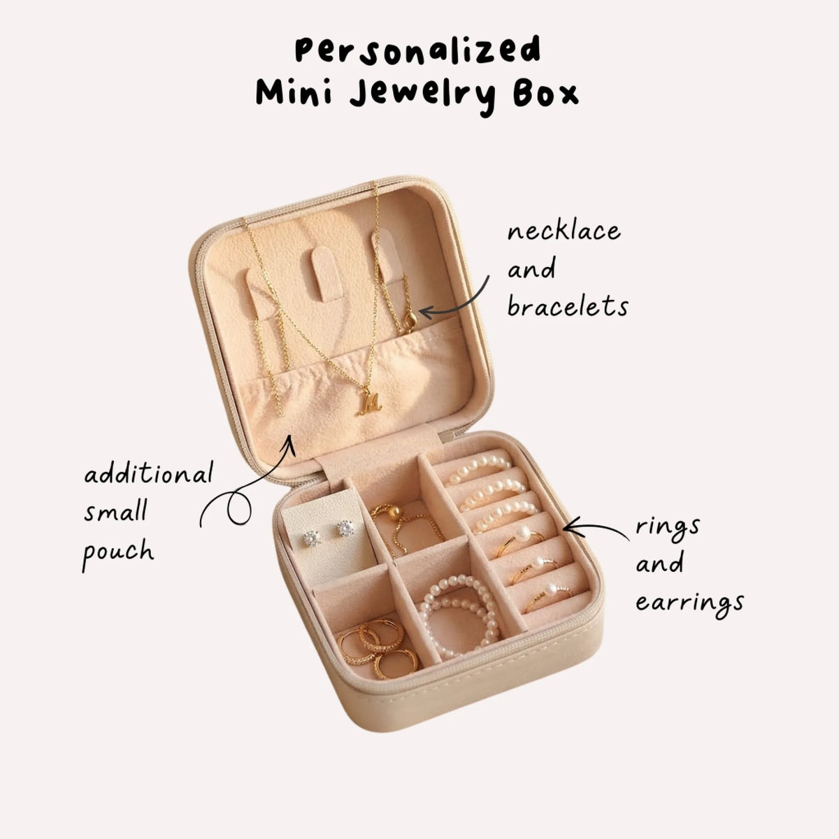 Signature Initial personalized jewelry box open showing ring and earring compartments - bridesmaid gift