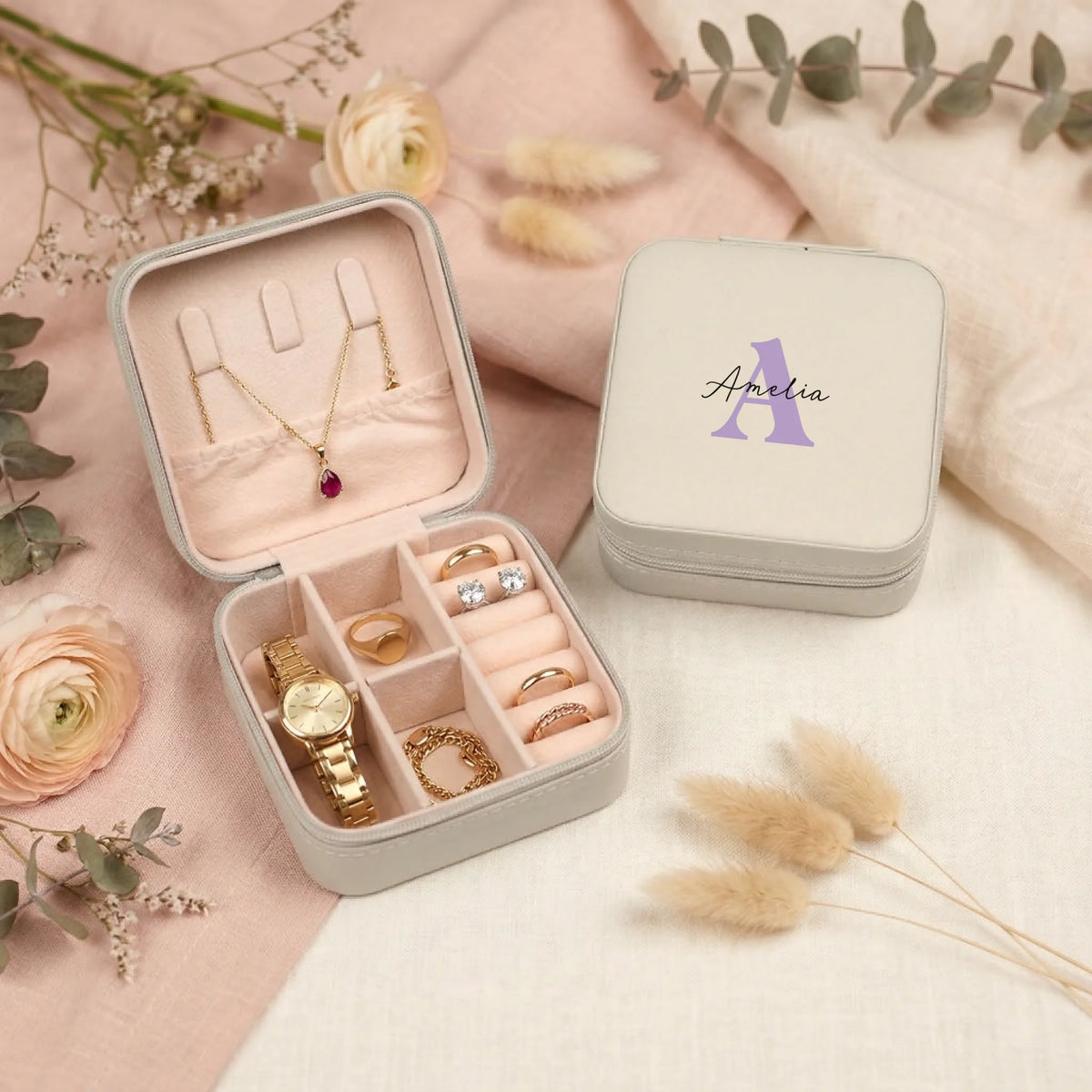 Signature Initial personalized jewelry box in Ivory - engraved initial detail - bridesmaid gift
