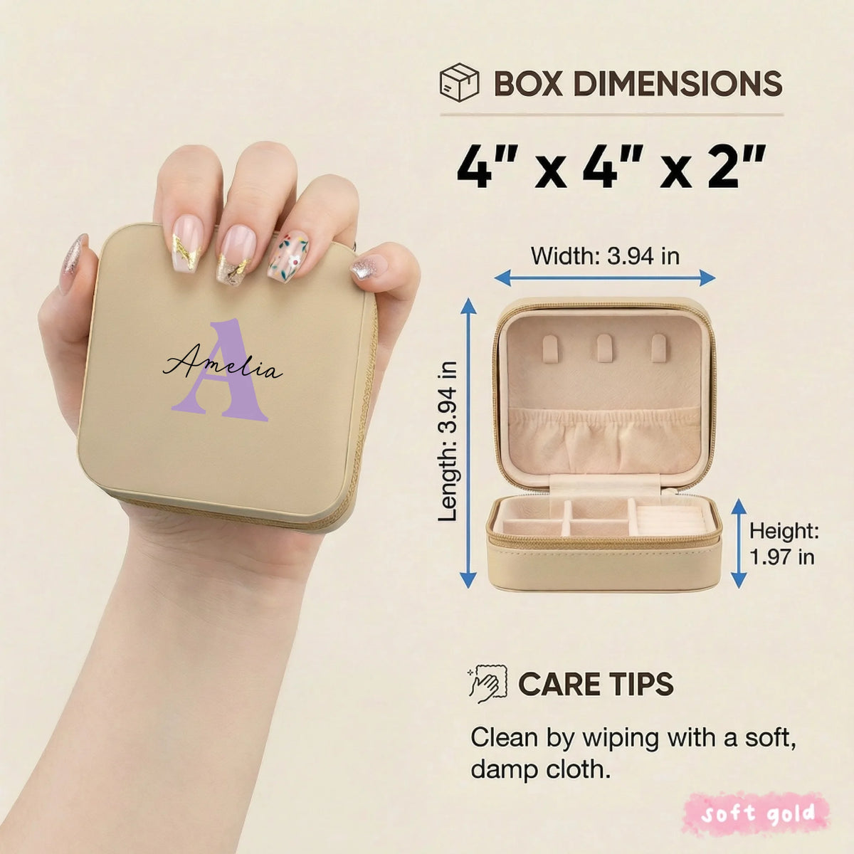 Size chart for Signature Initial personalized mini jewelry box - 4 x 4 x 2 inch dimensions