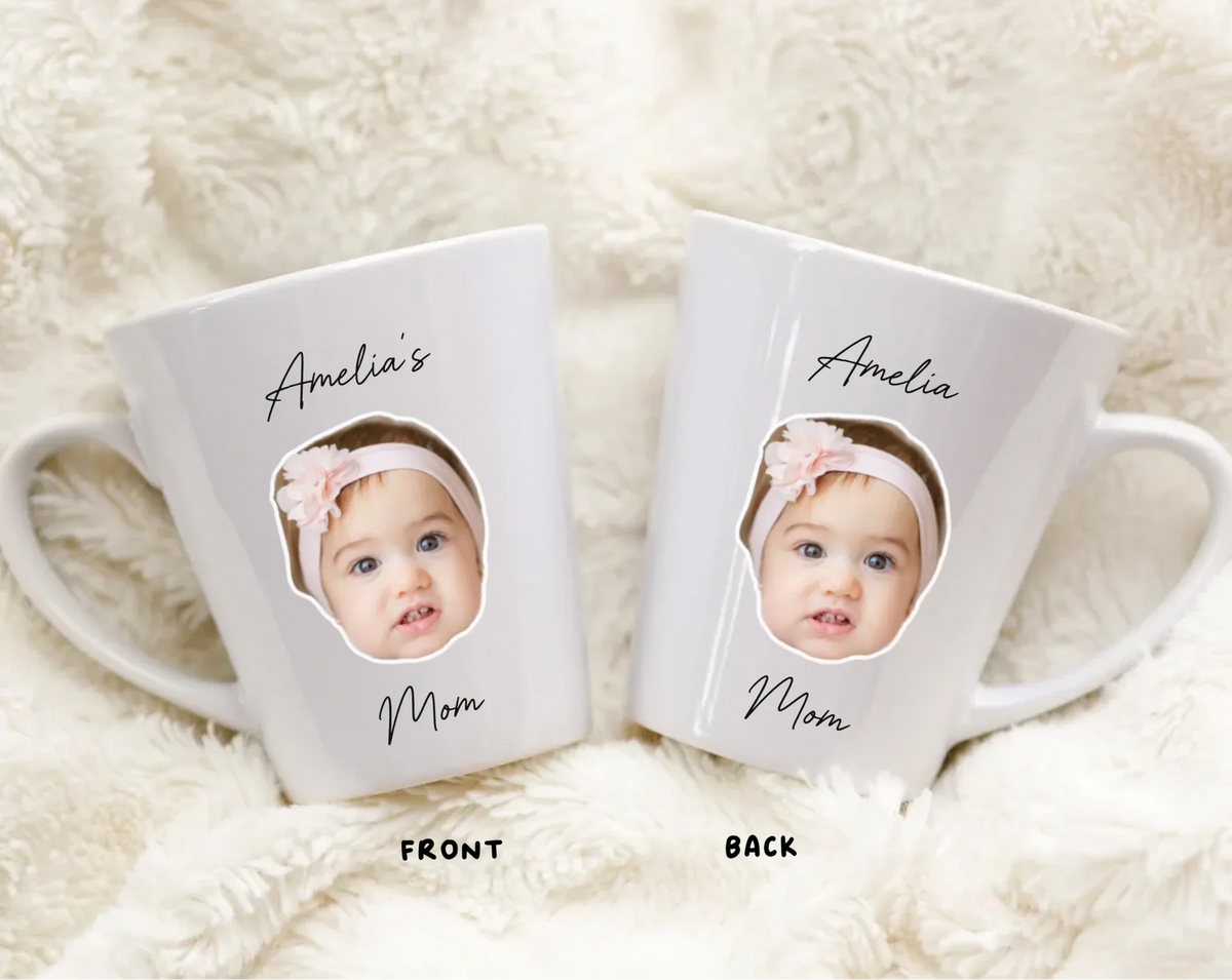 Personalized photo face mug celebrating motherhood with child's custom image