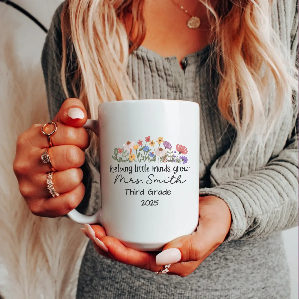 Helping Little Minds Grow - personalized ceramic teacher mug 15oz lifestyle