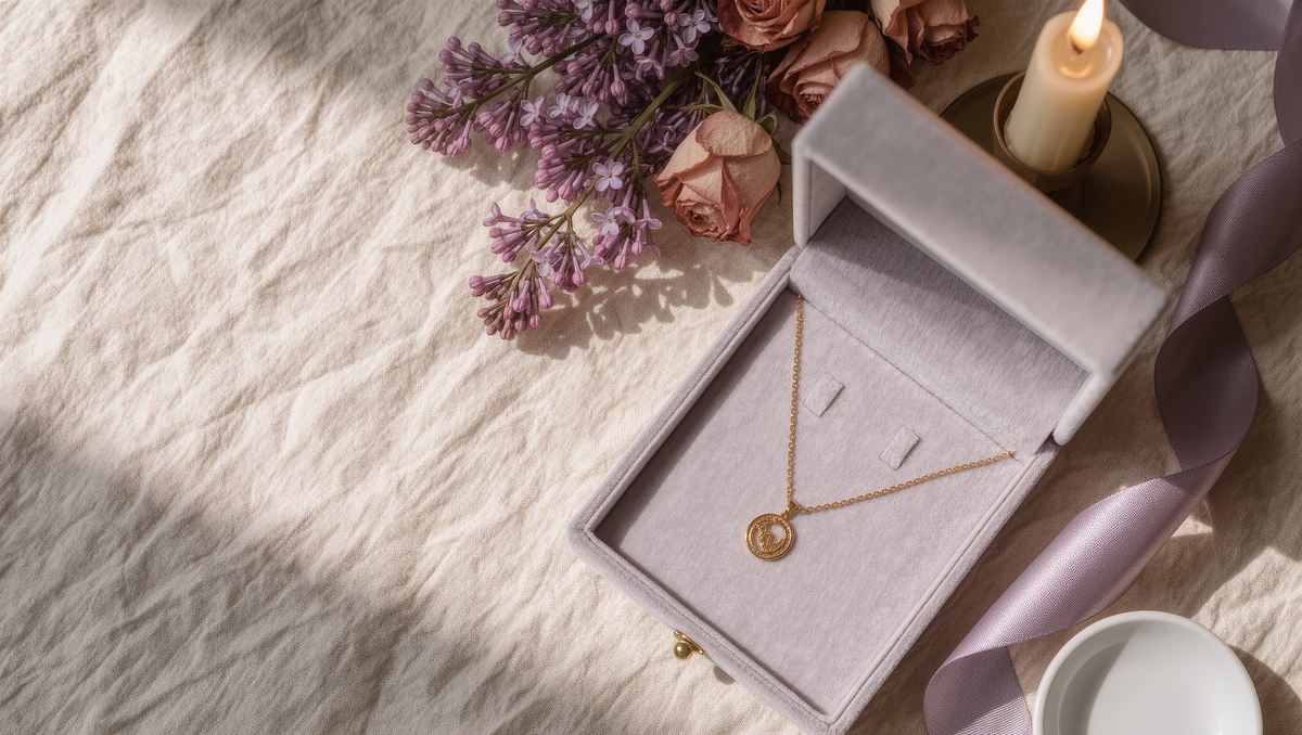 A gold pendant necklace in an open velvet jewellery box on cream linen, with lilac, dried roses, a lit candle and a satin ribbon