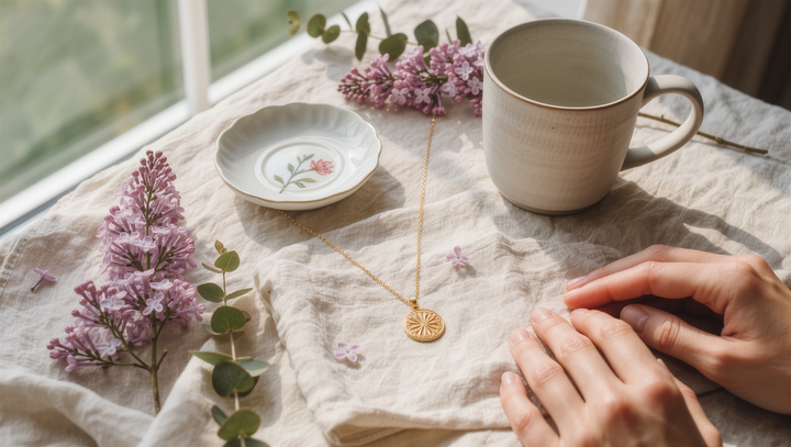 Personalized keepsake gifts for mom on a cream linen table: a floral trinket dish, a ceramic mug and a gold pendant necklace beside lilac stems