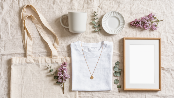 Flat lay of blank personalizable gifts on cream linen: a mug, a cotton tote, a ceramic dish, a folded tee, a gold necklace and a wooden frame
