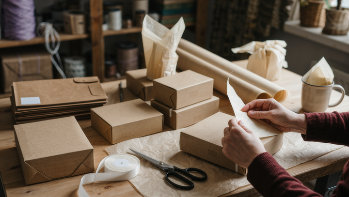 A gift studio packing bench in daylight: kraft boxes, tissue paper, ribbon and scissors, with a maker's hands folding tissue over a parcel