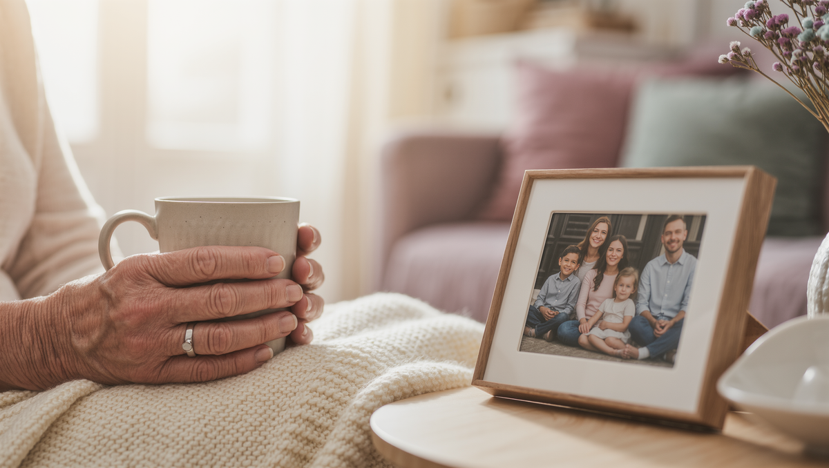 A grandmother's hands holding a ceramic mug beside a framed family photograph in a warm, softly lit living room