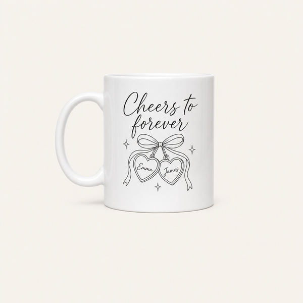 Personalized Cheers to Forever heart locket mug on a cream background