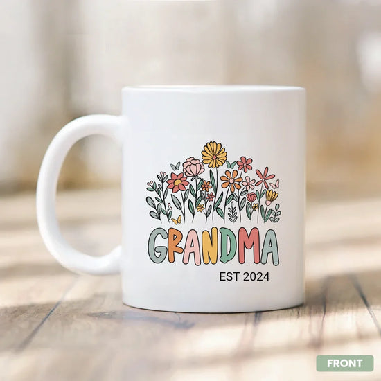 Personalized grandma mug, front view, custom name for a new grandmother