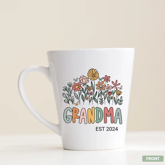 Floral Grandma Love mug lifestyle shot, personalized new grandmother gift