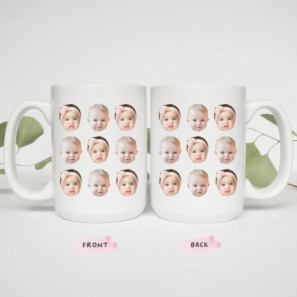 Baby Face Pattern mug size options, 11oz and 15oz custom photo mug