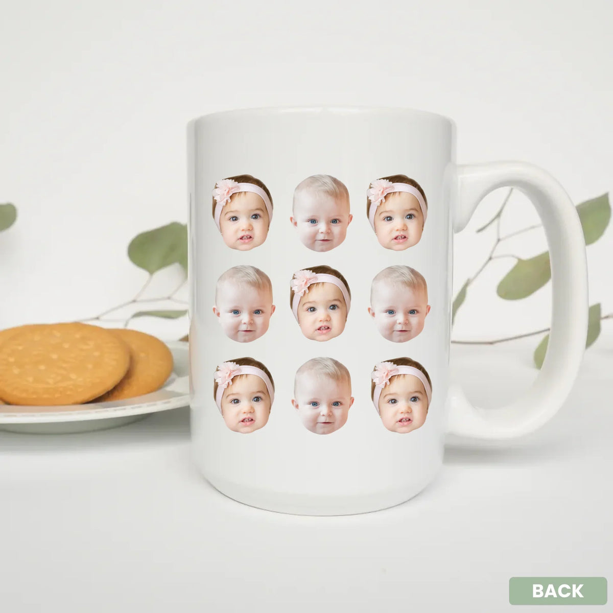 Custom ceramic mug featuring personalized baby faces pattern for parents