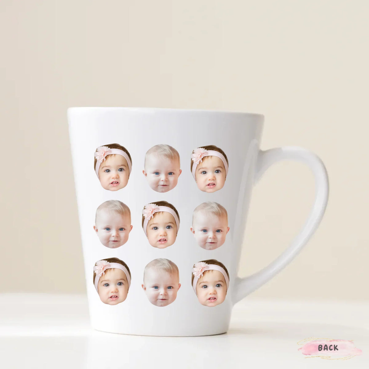 Lifestyle photo of custom baby photo mug, thoughtful grandparent gift