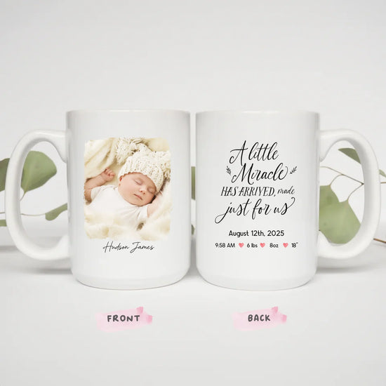 A Little Miracle mug size options, 11oz and 15oz ceramic mug for new parents