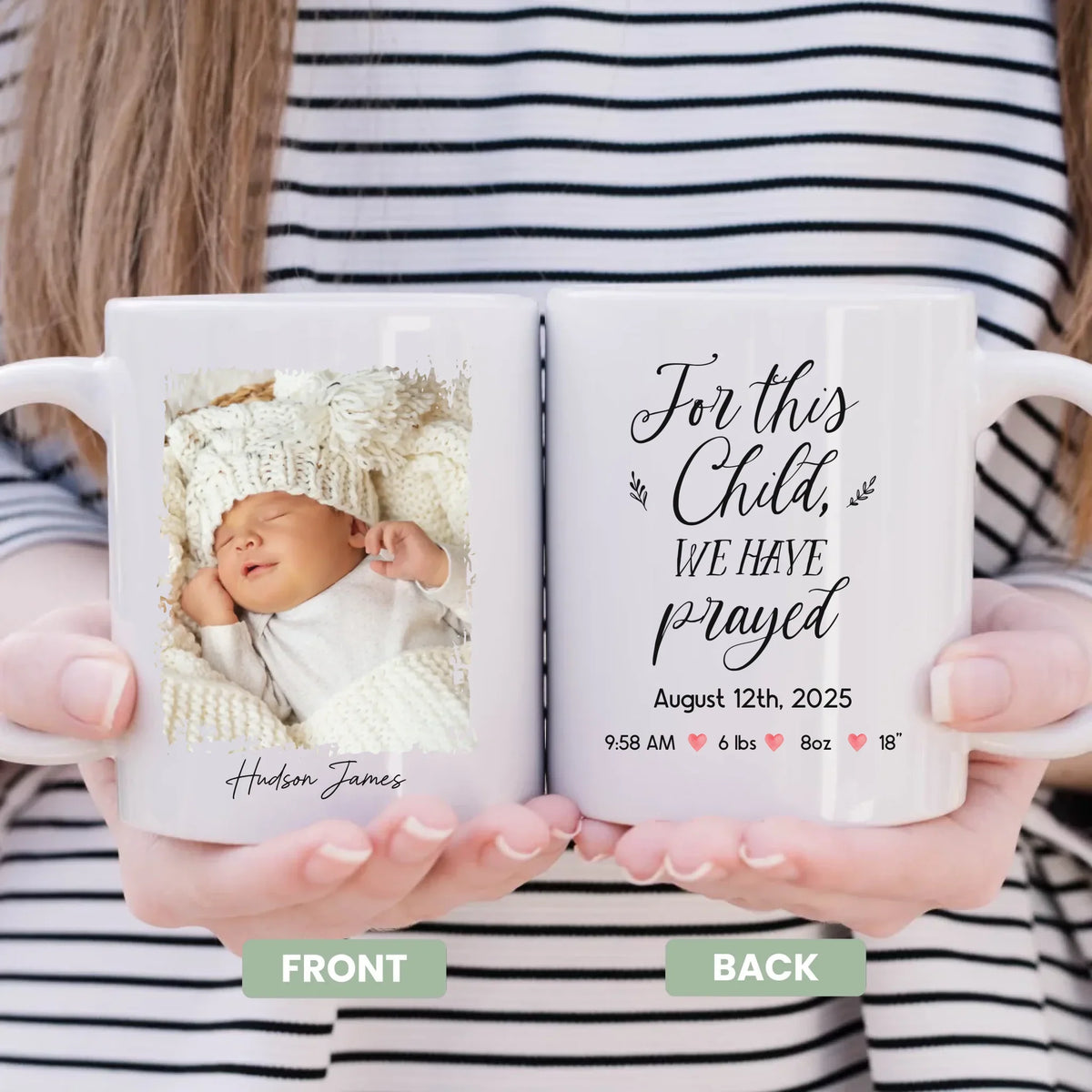 For This Child We Prayed mug, front view with custom baby name and date