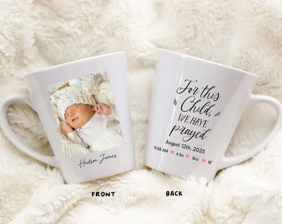 Personalized prayer mug styled on a table, gift for answered-prayer parents