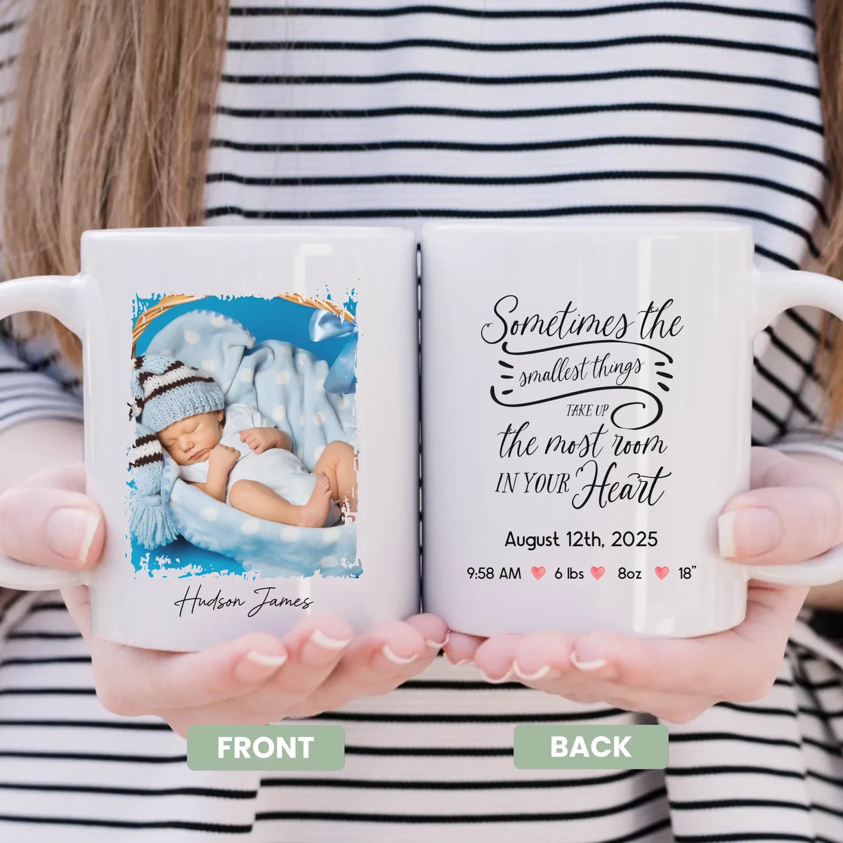 A Gift from Above personalized mug, front view with custom baby name and birth date