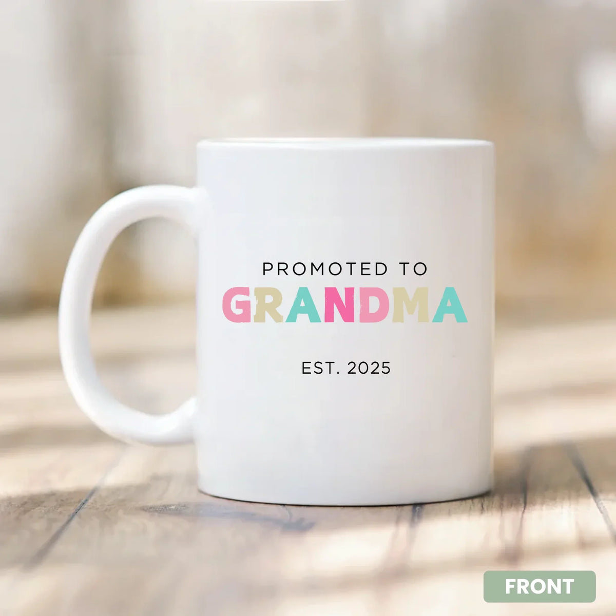 The Best Promotion Ever custom name coffee mug, lifestyle view - gift for new grandma