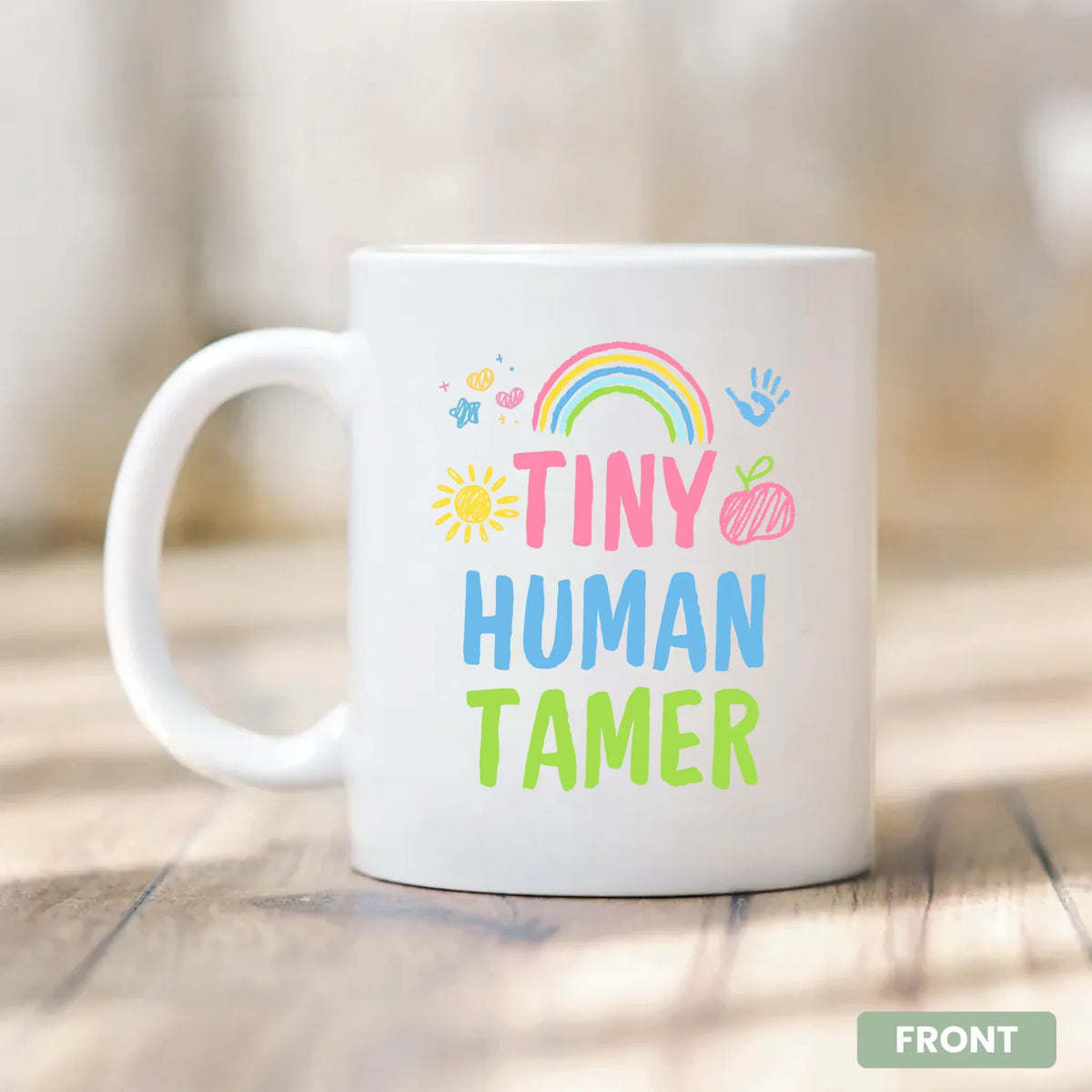 Personalized Teaching with Heart mug, close-up of custom name - teacher appreciation gift