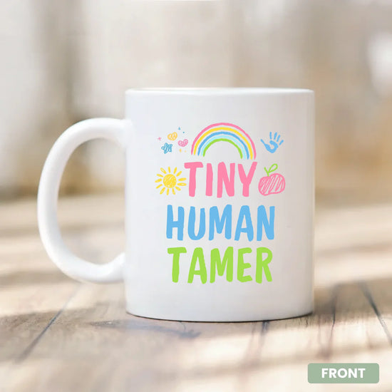 Personalized Teaching with Heart mug, close-up of custom name - teacher appreciation gift