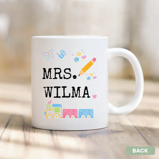 Teaching with Heart custom name coffee mug, lifestyle view - gift for educators