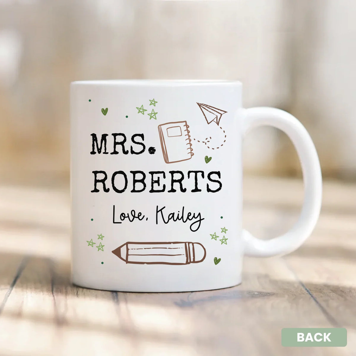 The Heart of Teaching Mug close-up - personalized with teacher's name