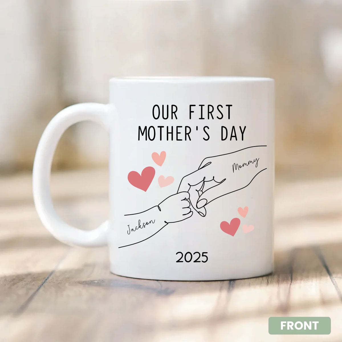 Our First Mother's Day Mug - angled view of custom new mom design