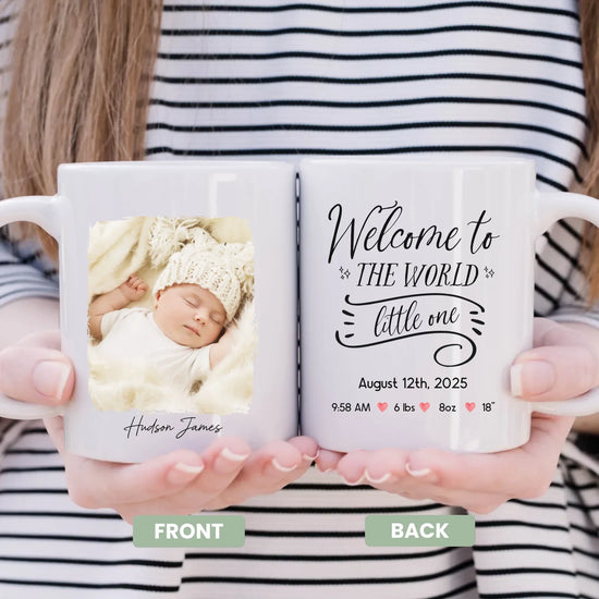 Welcome to the World personalized mug with custom name, front view - newborn baby shower gift