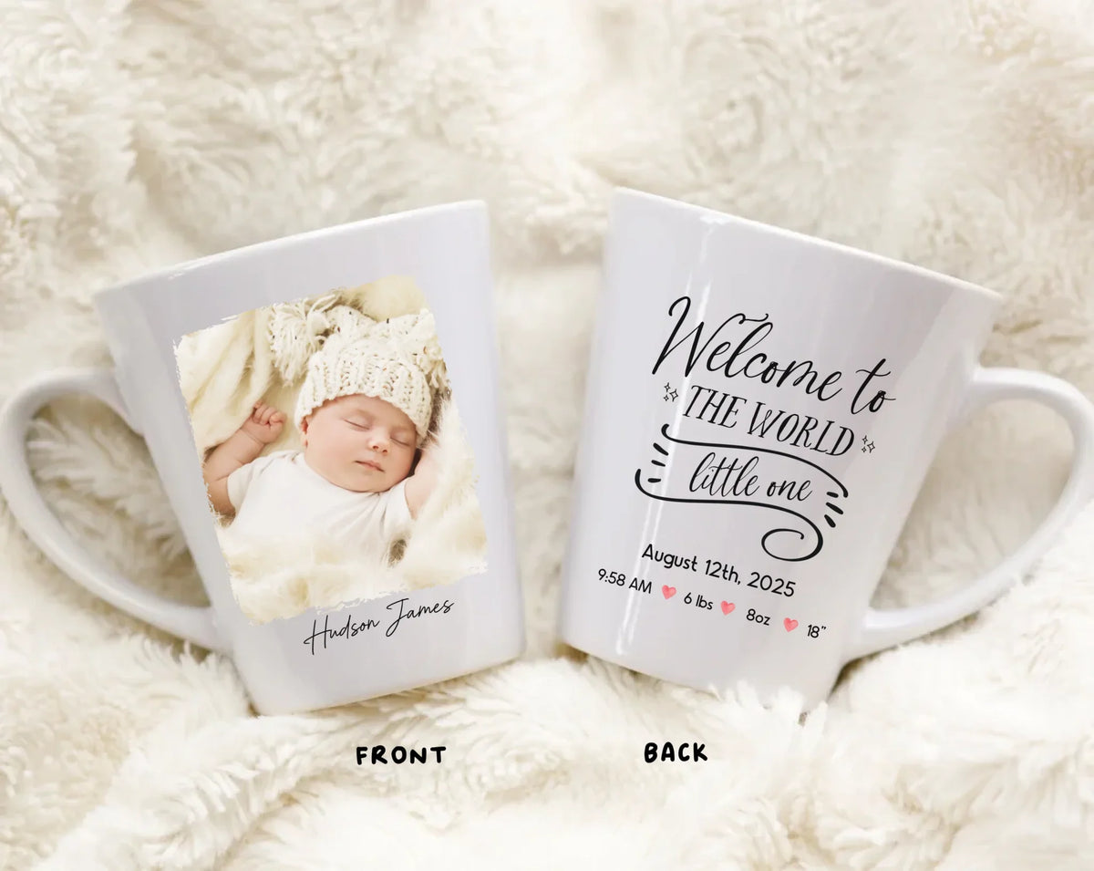 White ceramic newborn mug personalized with baby name, perfect new parent gift