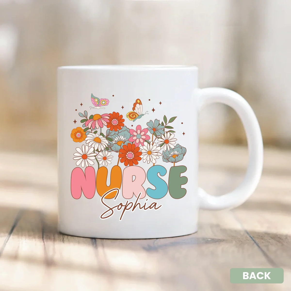 Close-up of a nurse's custom name on the Everyday Hero personalized mug
