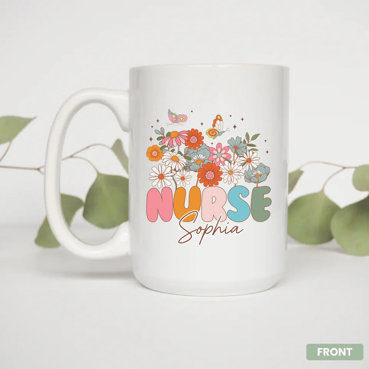 15oz personalized nurse mug held in hand, everyday hero appreciation gift