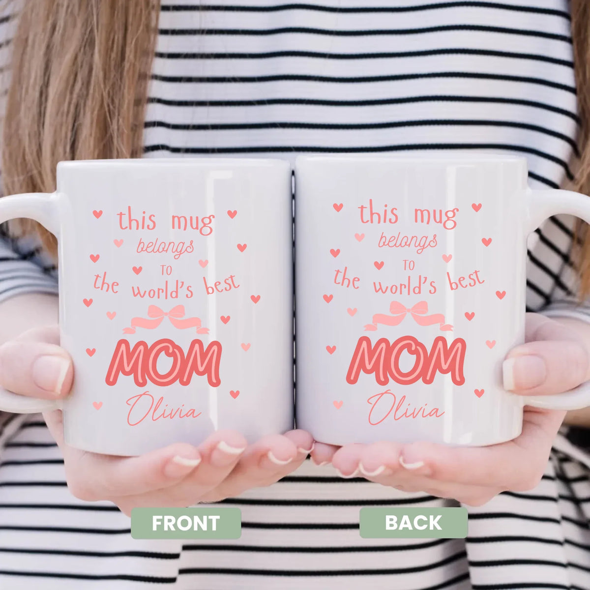 Personalized World's Best Mom mug, close-up of custom name - Mother's Day gift