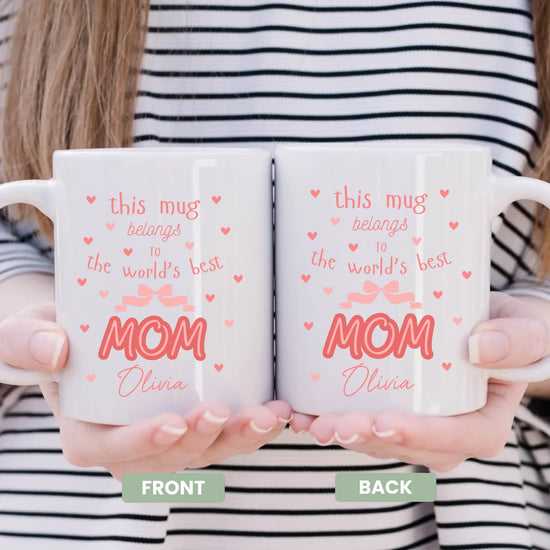 World's Best Mom Mug - angled view of custom name design