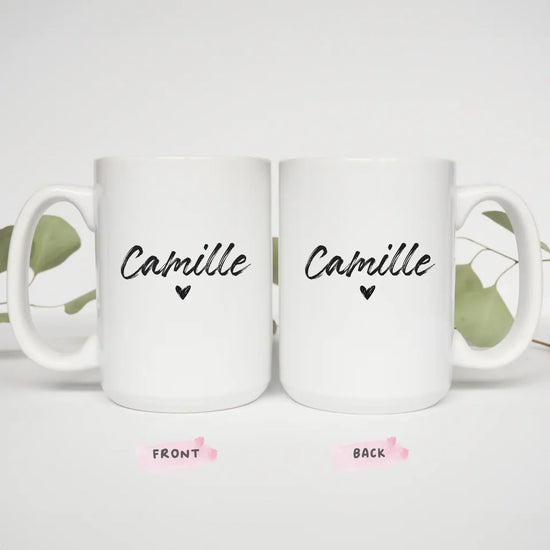 Two 15oz custom name mugs styled with eucalyptus, gift for loved ones
