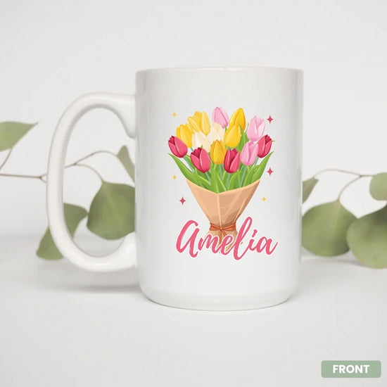 Back view of personalized floral mug, custom birth month flower gift for mom
