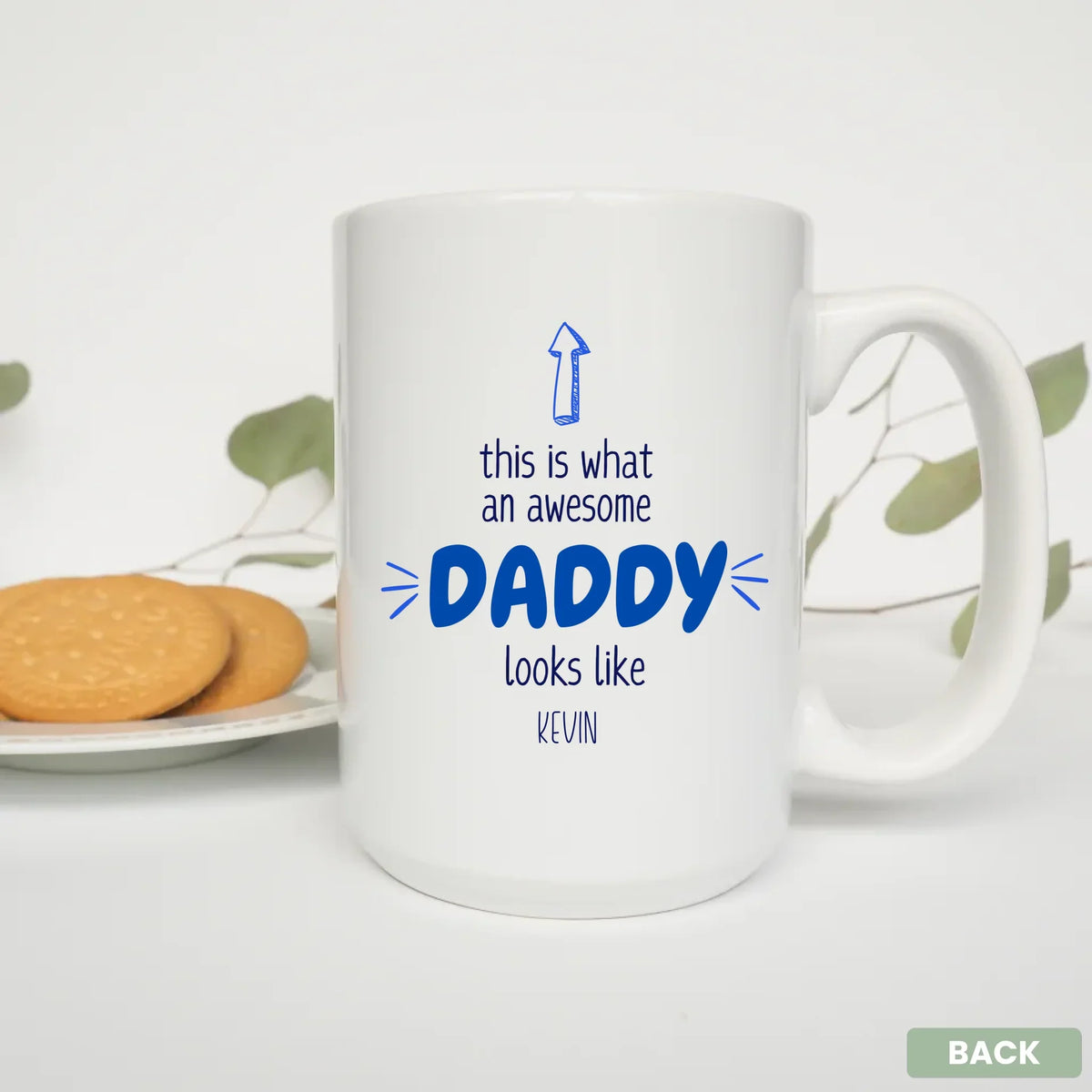Back view of personalized Awesome Daddy mug, custom kid's name father gift