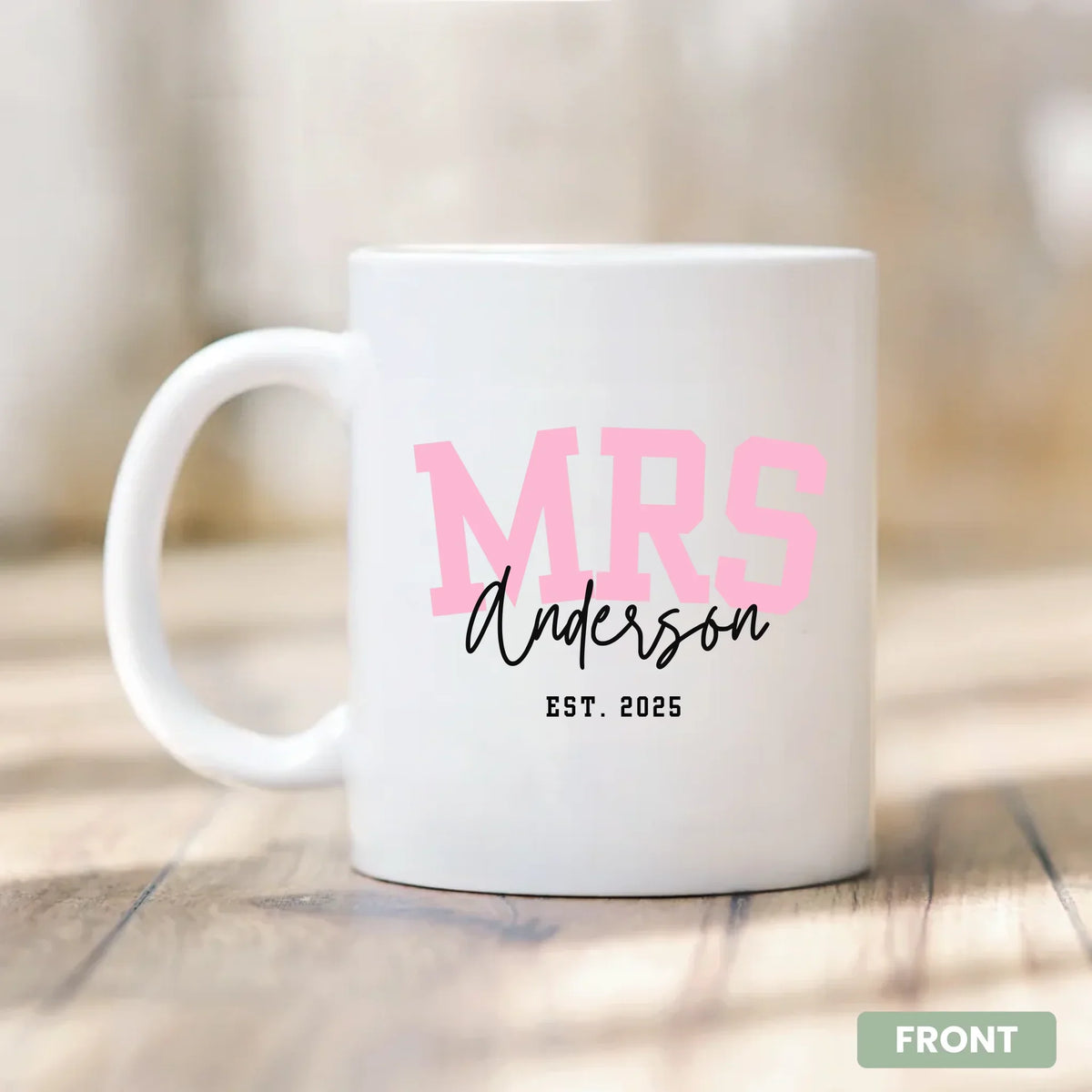 The New Mrs personalized name double mug set styled scene