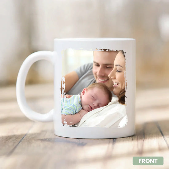 Personalized Newborn Milestone Calendar mug, close-up of custom name - baby shower gift