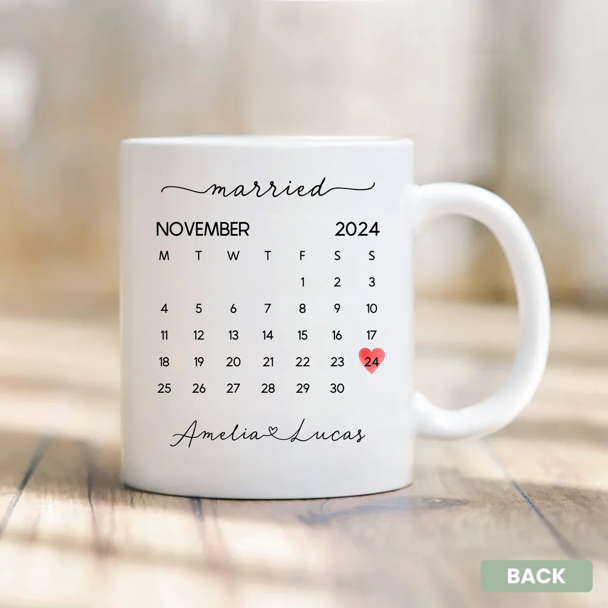 Close-up of a custom couple's photo on the Forever Starts Here mug