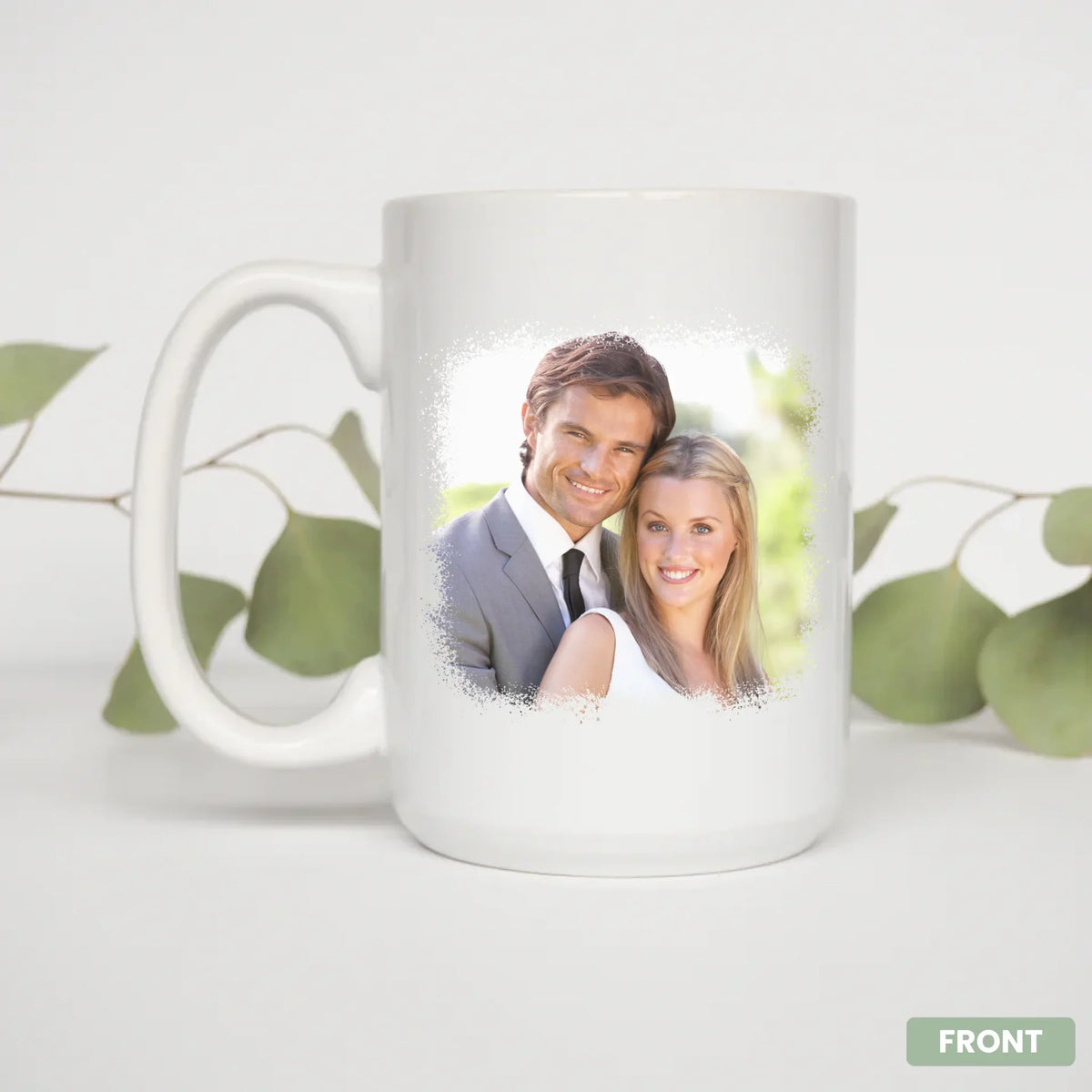 15oz personalized photo mug held in hand, gift for newlyweds